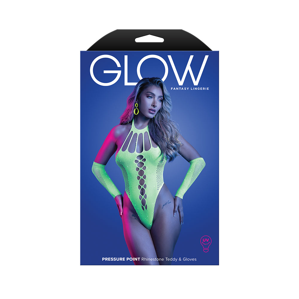 Fantasy Lingerie - Fantasy Lingerie Glow Pressure Point UV Rhinestone Knit Teddy & Matching Gloves O/S - General