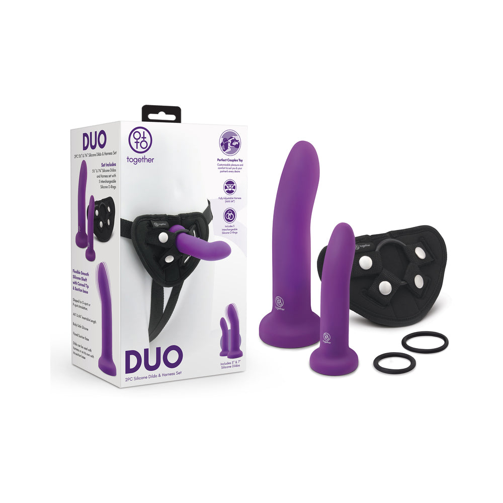 Together Toy - Together Duo Silicone 2-Piece 5.5 in. & 8 in. Dildo and Harness Set Purple - Harnesses & Strap-Ons - Silicone