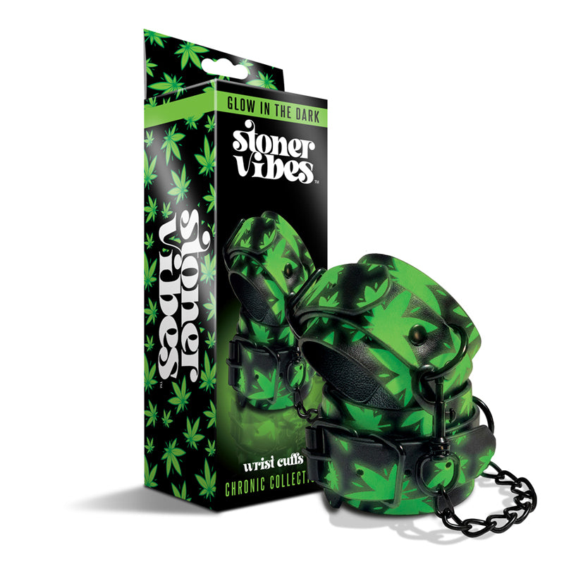Global Novelties - Stoner Vibes Chronic Collection Glow in the Dark Wrist Cuffs - Bondage & Fetish Toys - Faux Leather/Vegan Leather