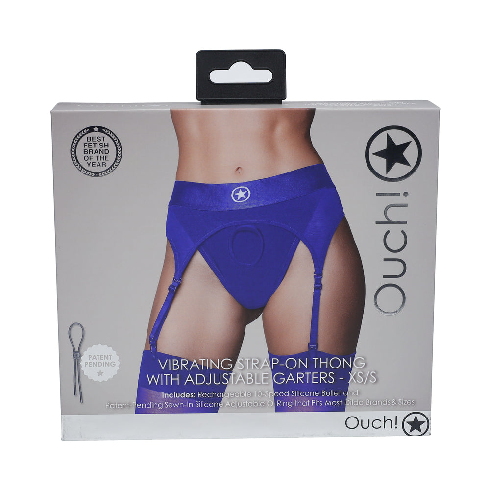 Shots - Ouch! Vibrating Strap-on Thong with Adjustable Garters Royal Blue XS/S - Harnesses & Strap-Ons - Nylon