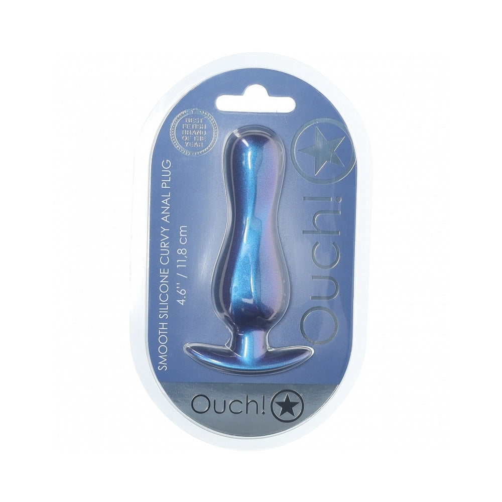 Shots - Ouch! Smooth Silicone Curvy Anal Plug 4.6 in. Metallic Blue - Anal Toys & Stimulators - Silicone