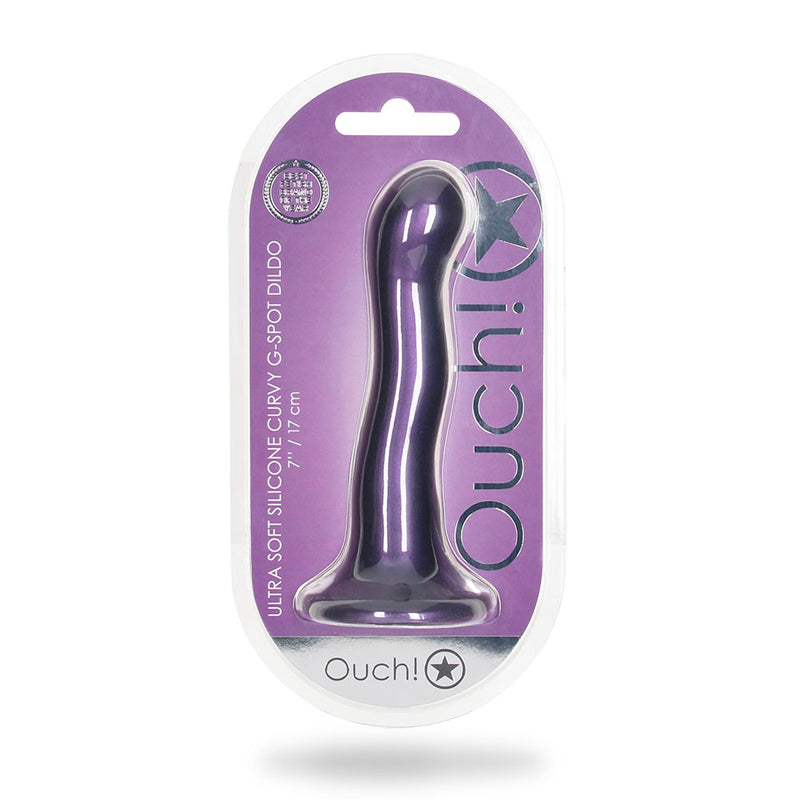 Shots - Ouch! Ultra Soft Silicone 7 in. Curvy G-Spot Dildo Metallic Purple - Dildos - Silicone