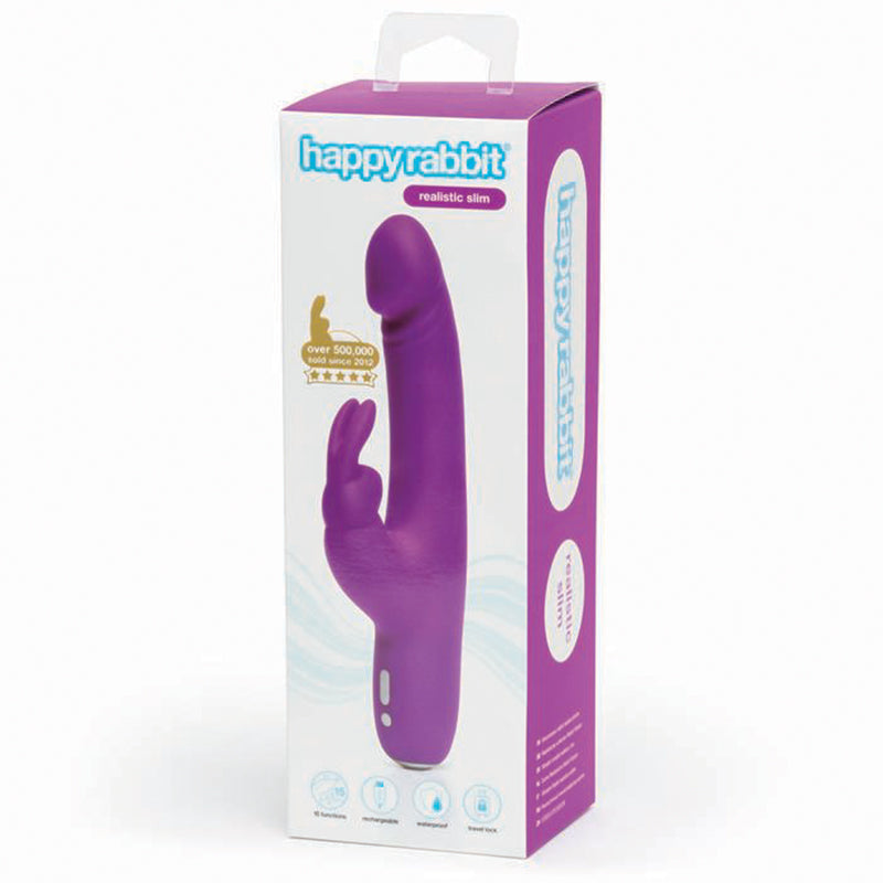 Happy Rabbit - Happy Rabbit Realistic Slim Rechargeable Silicone Slimline Rabbit Vibrator Purple - Vibrators - Silicone