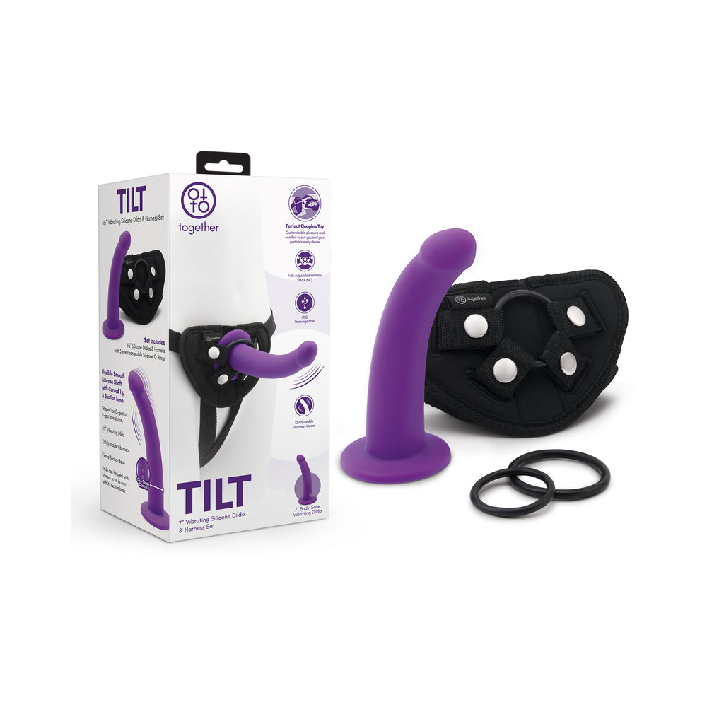 Together Toy - Together Tilt 6.5 in. Silicone Dildo and Harness Set Purple - Harnesses & Strap-Ons - Silicone