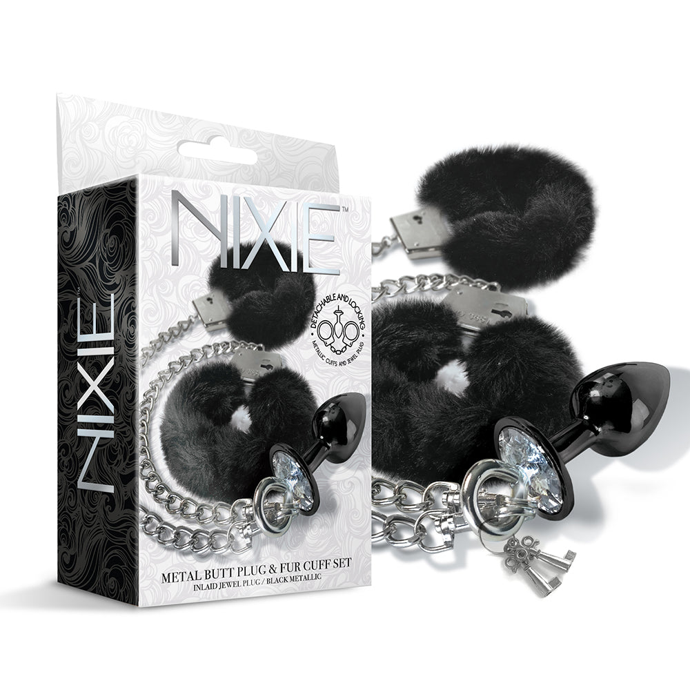 Global Novelties - NIXIE Metal Butt Plug & Furry Handcuff Set Medium Black - Bondage & Fetish Toys