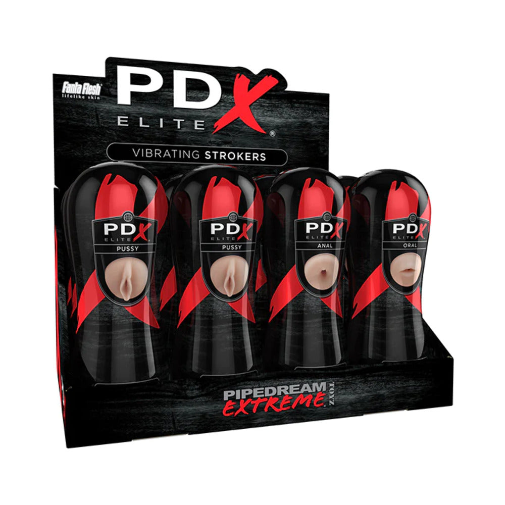 PDX Brands - PDX Elite Vibrating Stroker Display 12-Pack (Pussy, Anal & Oral) - Masturbation Aids for Males - TPE/TPR/Elastomers