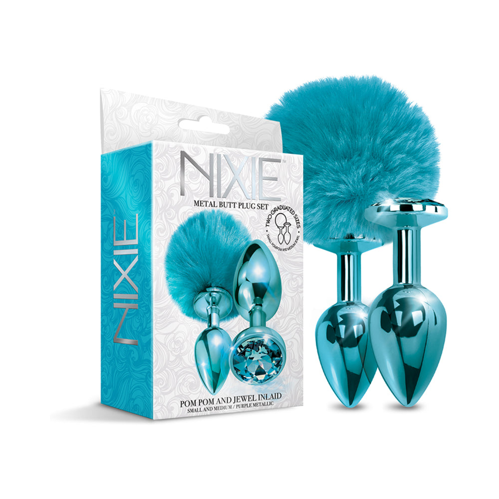 Global Novelties - NIXIE Metal Butt Plug Set Pom Pom and Jewel-Inlaid Metallic Blue - Anal Toys & Stimulators - Metal