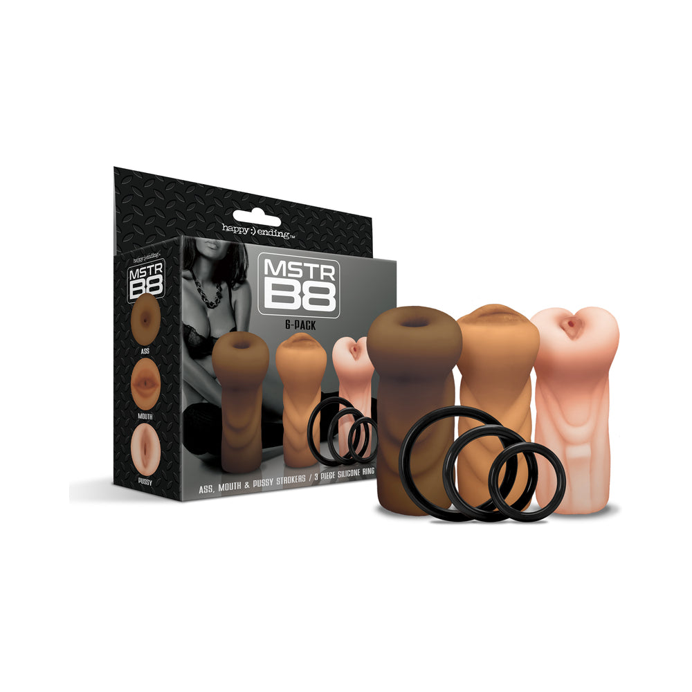 Global Novelties - Happy Ending Mstr B8 Six Pack: Ass, Mouth, Pussy Stroker with 3 Rings - Masturbation Aids for Males - Silicone