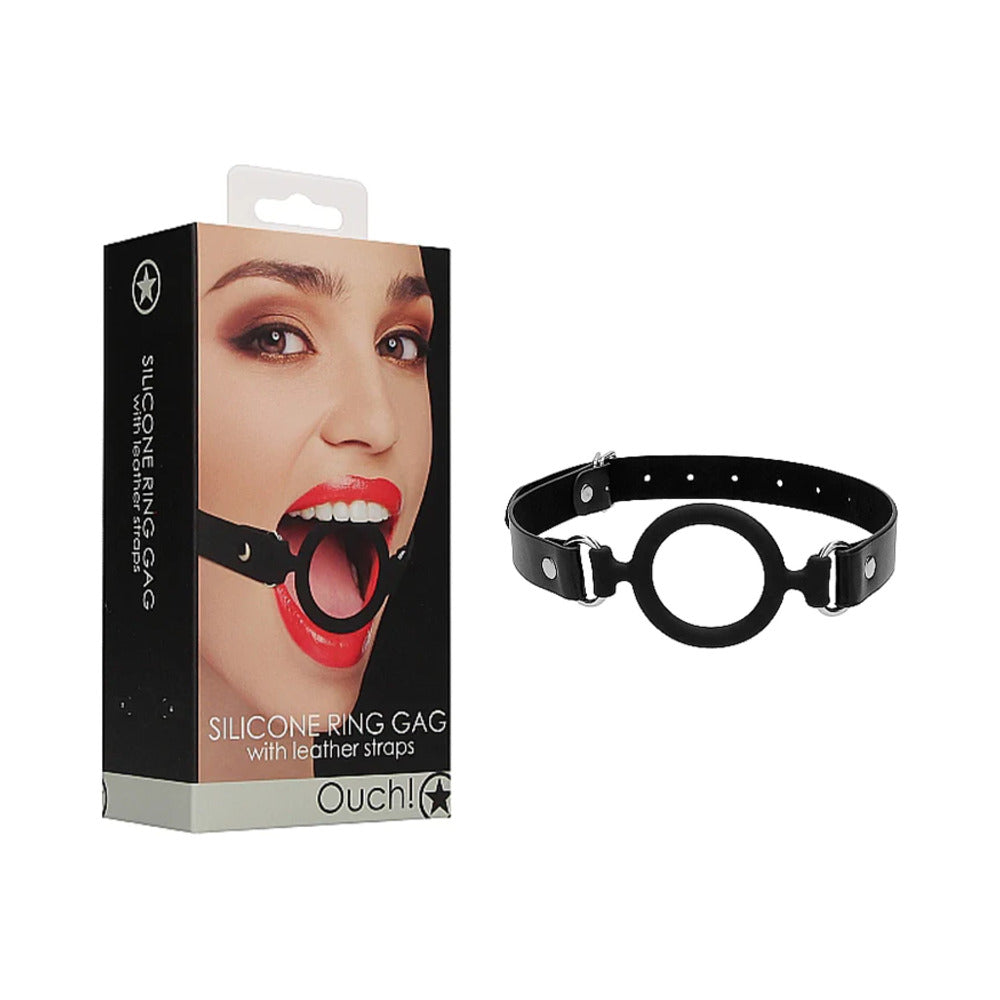Shots - Ouch! Adjustable Silicone Ring Gag With Leather Straps Black - Bondage & Fetish Toys - Silicone