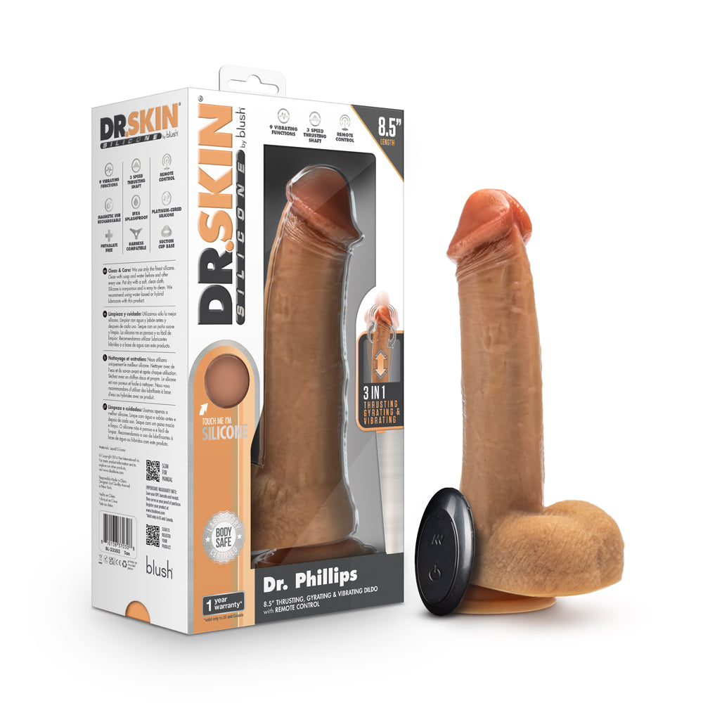 Blush - Dr. Skin Silicone Dr. Phillips 8.5 in. Thrusting, Gyrating & Vibrating Dildo with Remote Control Tan - Dildos - Silicone
